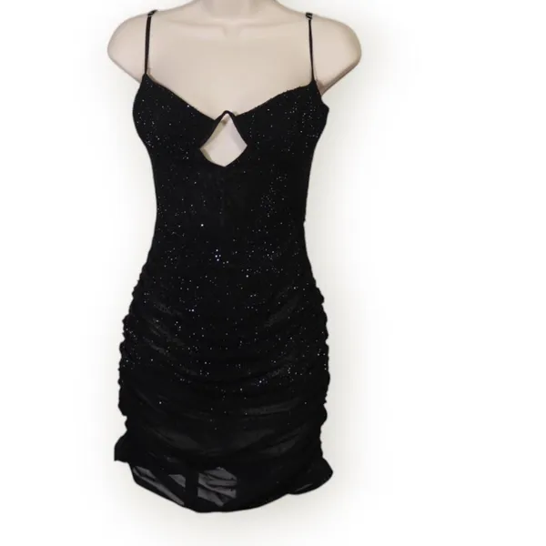 Oh Polly Black Rhinestone Mesh Ruched Mini Dress - Image 2