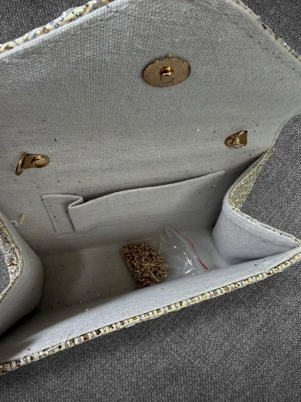 Metallic Gold Woven Envelope Handbag With Wooden Bead Handle And Chain Strap - Image 6