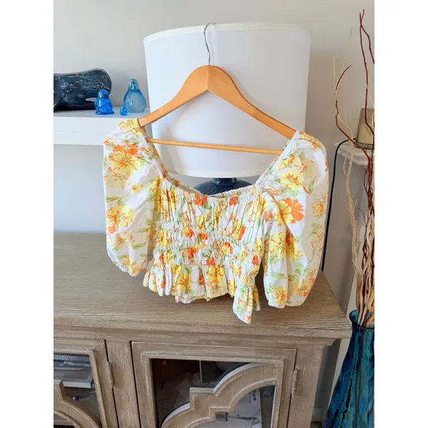 Faithfull‎ The Brand Floral Smocked Puff Sleeve Top Womens Yellow Orange Size S - Image 5