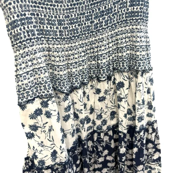 Mixed floral print boho smocked shirred midi maxi patchwork navy white dress - Image 9