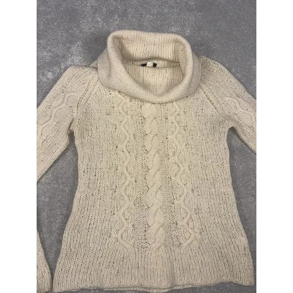 j crew black tag wool cable‎ knit turtleneck sweater beige loose knit med - Image 3