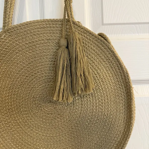 Magid‎ Large Round Bag Jute Tote Beach Purse Tassels Woven Boho Travel Excellent - Image 2