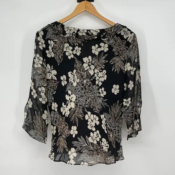 Adrianna Papell Vintage Floral‎ Silk Black Blouse Ruffle Neck 3/4 Sleeve Size 14 Whimsigoth Y2K - Image 2