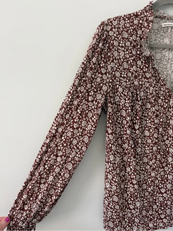 Reformation Amira Long Sleeve Floral Boho Blouse Chocolatier Brown White XS - Image 5