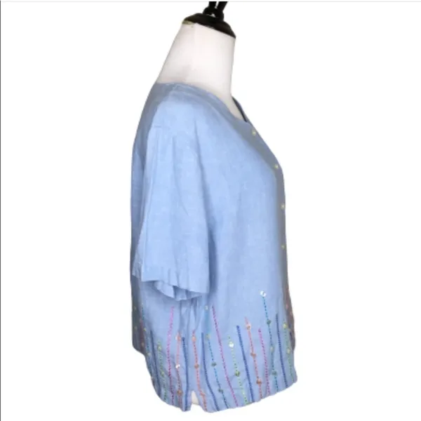 Vintage Bechamel Blue Linen Buttons Embroidery Shirt Medium Top - Image 3