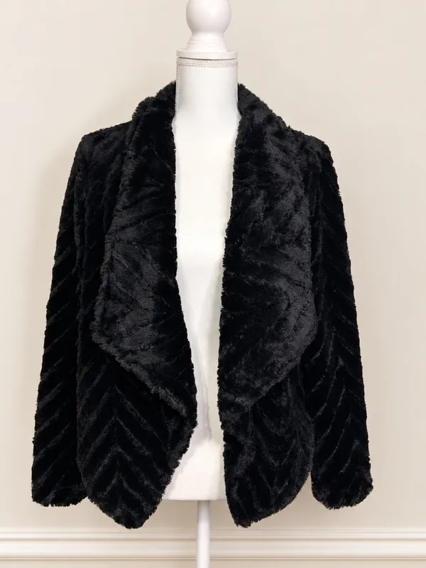 Nina Leonard Black Faux Fur Chevron Bolero Jacket Size M Satin Lined Luxury Glam - Image 2