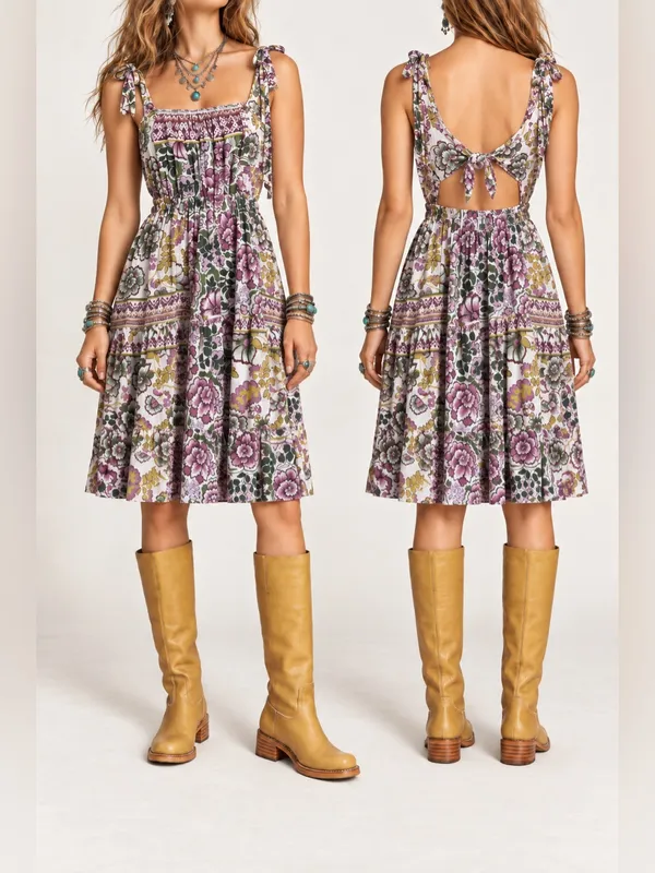 Vintage Angie Floral Tie Shoulder Open Back Dress Medium - Image 2