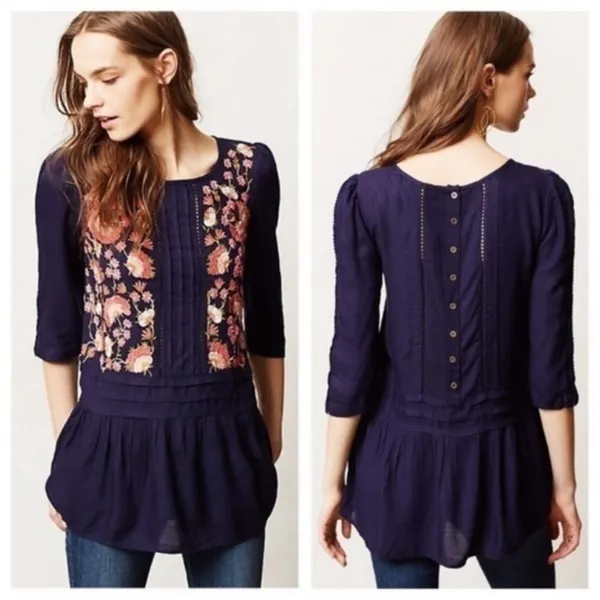 Anthropologie Floreat • Luana Women’s Navy Floral Embroidered Tunic Top Blouse - Image 2