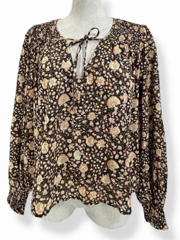 Billabong Desert Daze Floral Peasant Blouse Brown Smocked Long Sleeve Top Medium - Image 5