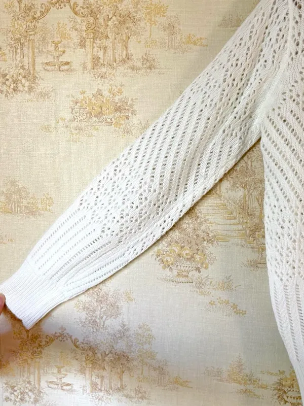 Vintage 60s 70s Hand Loomed White Pointelle Knit Tie Neck Sweater - Image 4