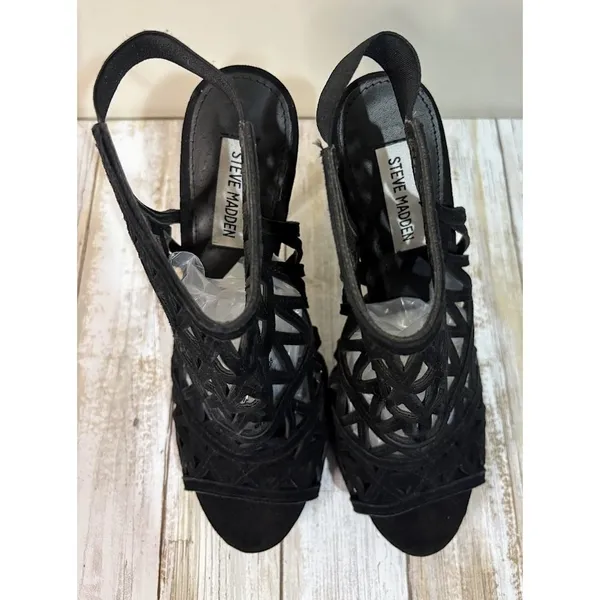 Steve‎ Madden Bratt Cage Sandal Womens 9 Black Excellent Suede Cutout Stiletto - Image 3