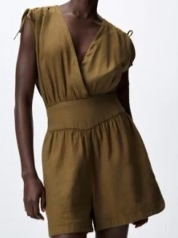 Zara Linen and Cotton Olive-Green Surplice Romper with Smocked Waist Size XS - Image 2