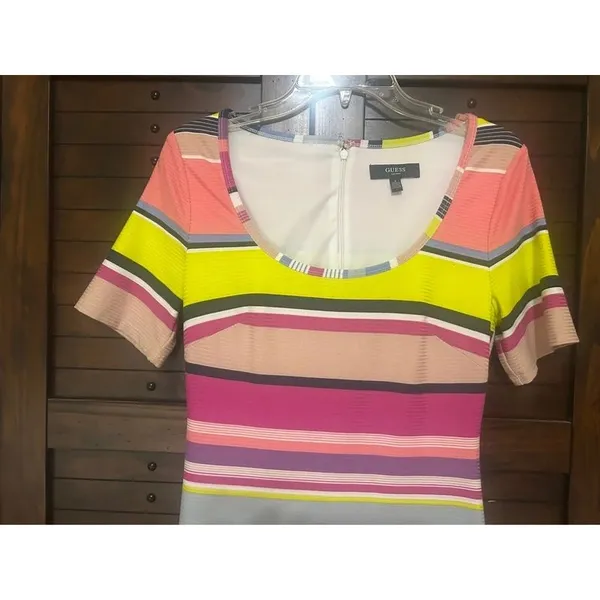 GUESS Multi-color Bright Striped Maxi Dress Size 4 Ribbed Short Sleeve Happy - Image 2
