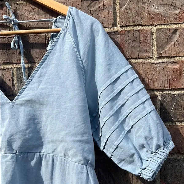 7 for All Mankind Blue Puff V-Neck Dress Cotton Coastal Boho Quiet Luxury Beachy - Image 2