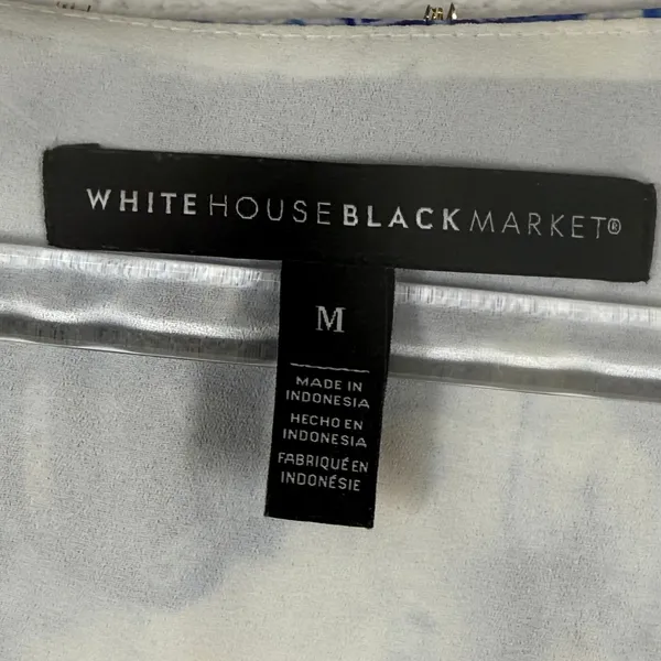 White House Black Market Blue Floral Batik Poncho Blouse Gold Lurex Medium - Image 2