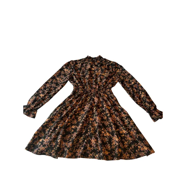 Floral Smocked Mock Neck Long Sleeve Mini Dress Black Brown Orange Medium Boho - Image 2