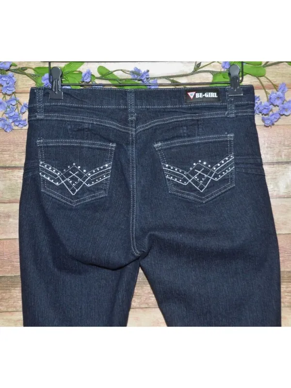 BE-GIRL Stretch Jeans Size 9/10 Dark Wash Boot Cut Embellished Pockets Butt Lift - Image 5