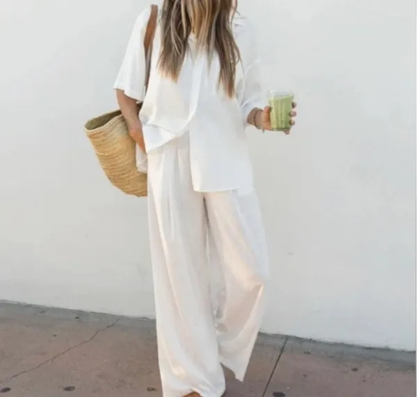 Solai The Label Linen Blend Set Sz large Off White Ivory Vacation Top Shirt Pants - Image 2