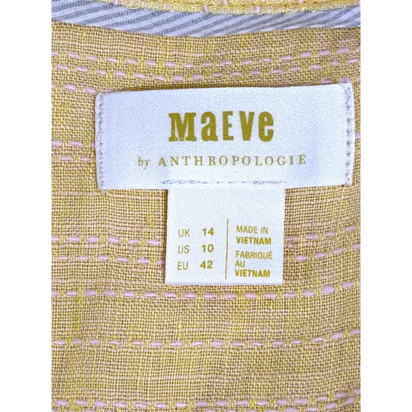 Maeve Anthropologie Yellow Linen Sleeveless Button‎ Down Stripe Top Size 10 - Image 3