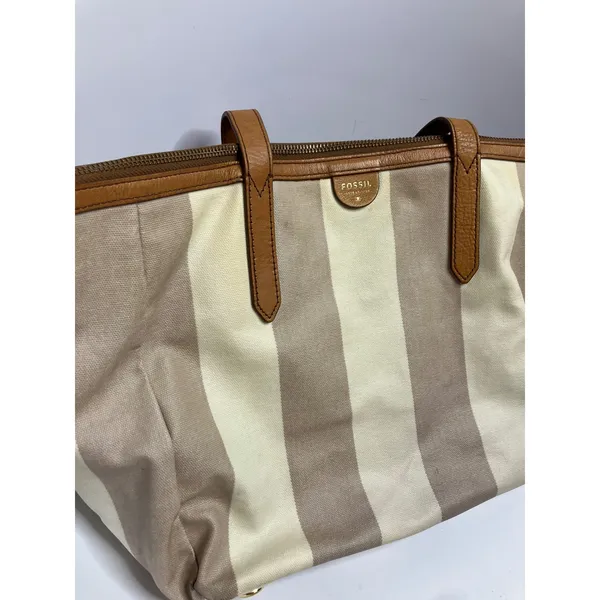 Fossil striped Sydney shopper Tote Bag Womens Large Tan Cream Striped Canvas - Image 3