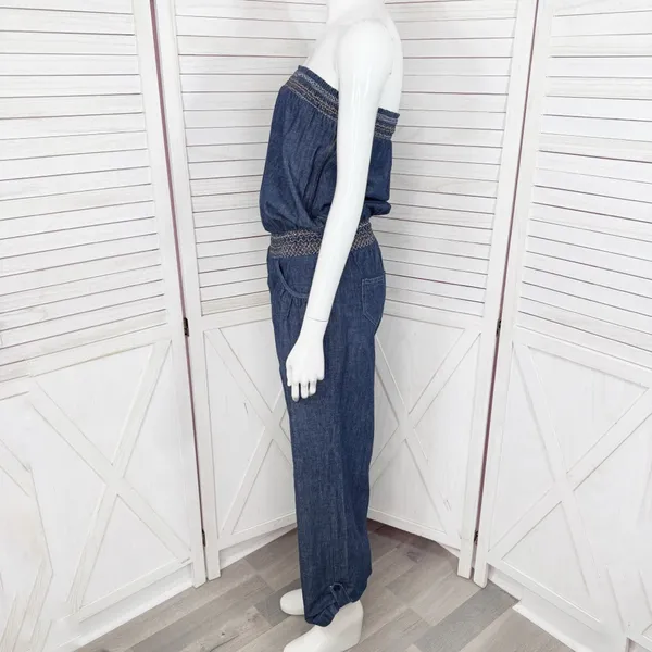 Poetry‎ Boho Smocked Strapless Wide Leg Chambray Jumpsuit Denim Blue Small - Image 2