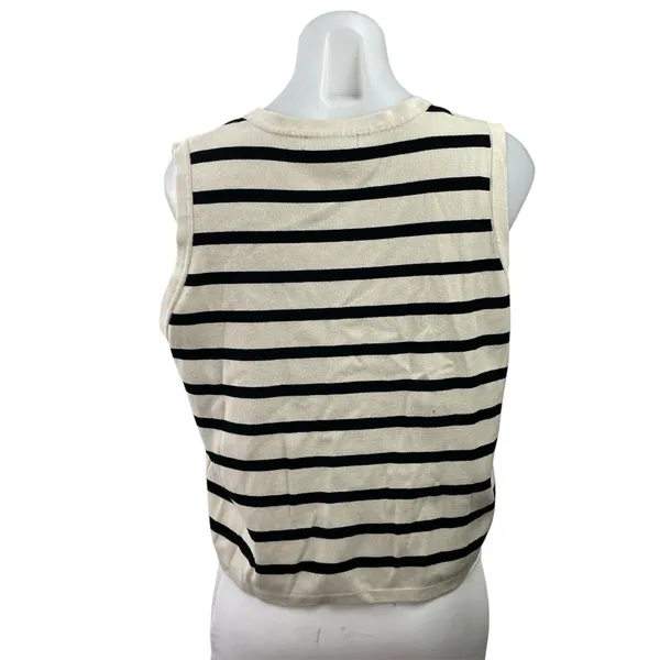 Illusory Women's Cream Black Striped Sleeveless Button Up Crop Cardigan Size L - Image 3