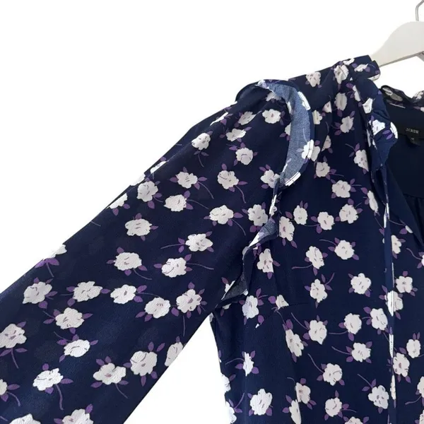 J Crew Dress Womens Purple Navy Scattered Peony Floral Tie Neck Tiered SZ M - Image 3