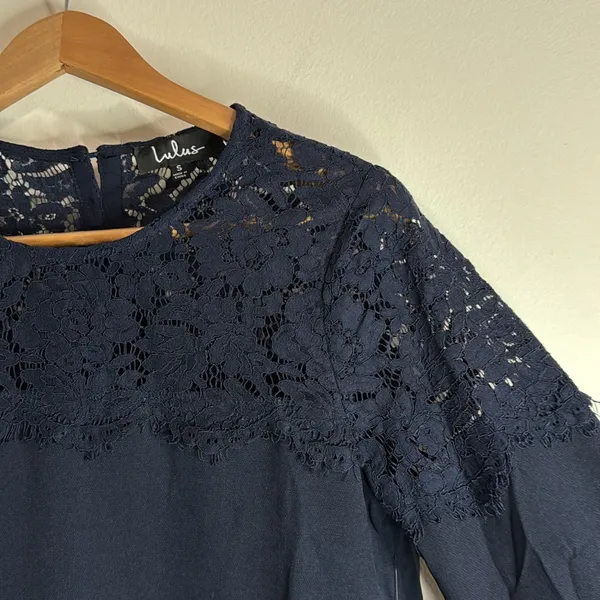 Lulu's Women’s Picture This Lace Round Neck Long Sleeve Blouse Navy size S - Image 5
