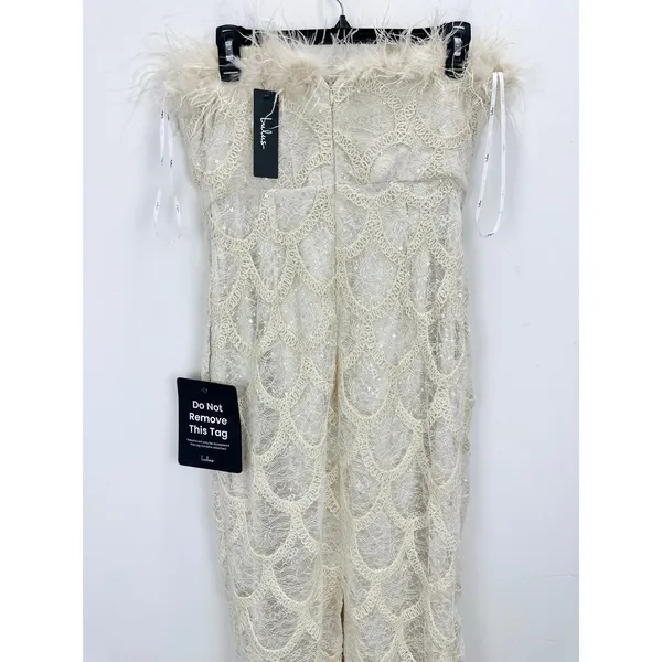 Lulus Uniquely Confident Cream Lace Feather Strapless Midi Dress Cocktail L NWT - Image 12
