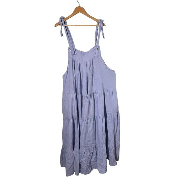Womens Tiered Tie Should BOHO Pinafore Maxi Dress OS Lavender 100% Linen - Image 8