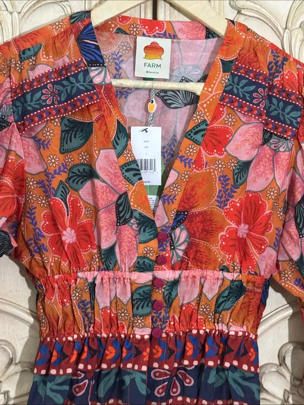 FARM Rio Marias Floral Plunge Neck Peplum Long Sleeve Top Size Medium - Image 5
