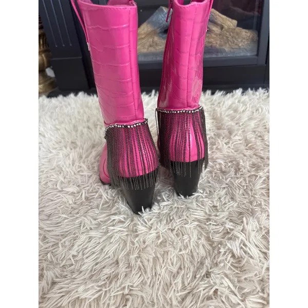Hot Pink Crocodile Embossed Heeled Cowboy Boots Rhinestone‎ Fringe Women 8 NWOT - Image 5
