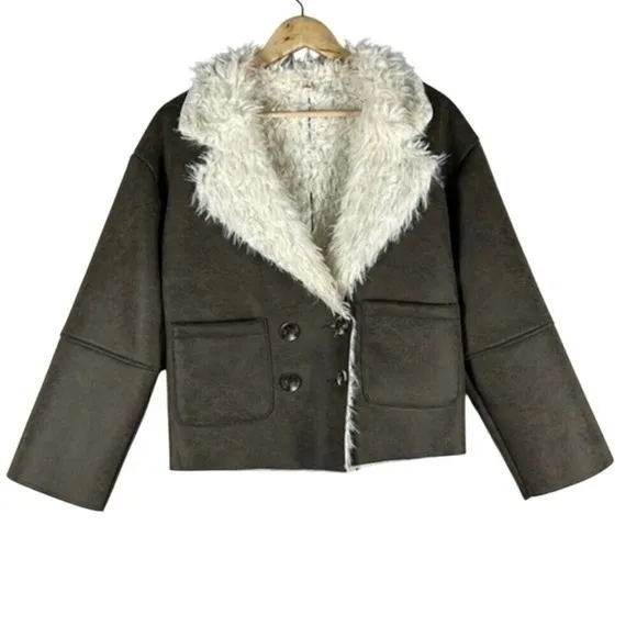 Raga Faux Shearling Jacket Womens M‎ Brown White Boho Shaggy Retro Hippie 70s - Image 3