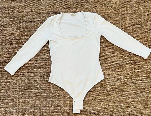 - 3/4 Sleeve Square Eyes Thong Bodysuit, white, size small - Image 7