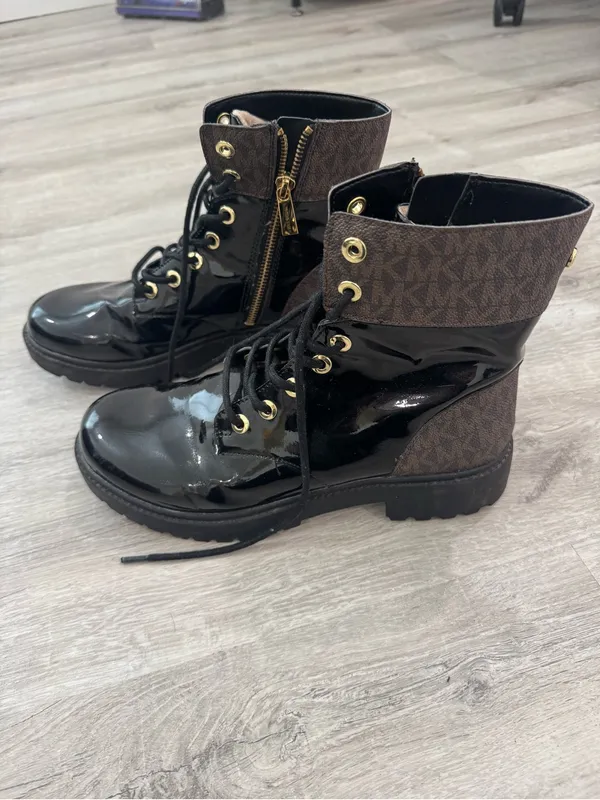 Michael Kors Black Patent Lace-Up Combat Boots with Gold Hardware - Image 3