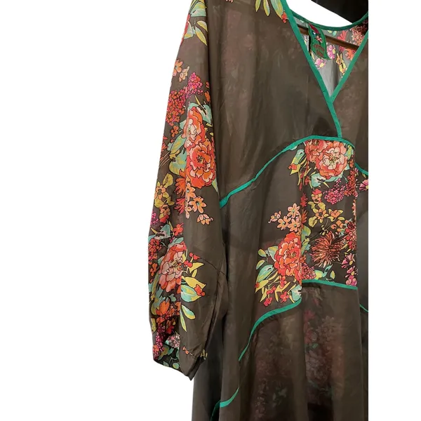 Johnny Was‎ Silk Floral High Low Tunic Top Grey Teal V-Neck 3/4 Sleeve Size M - Image 5