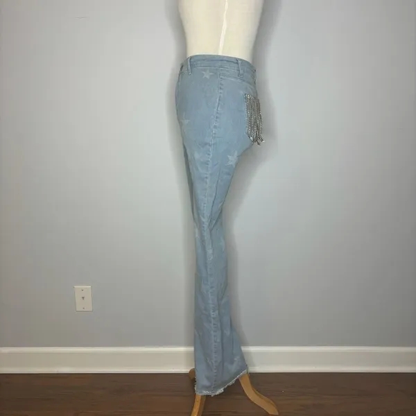 Nasty Gal- Blue Flare Jeans with Stars + Rhinestone Fringe on Back Pockets - Image 2