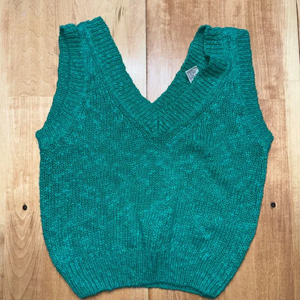 Illustrations Vintage Teal Chunky Knit V-Neck Sweater‎ Vest Ramie Cotton Small - Image 5