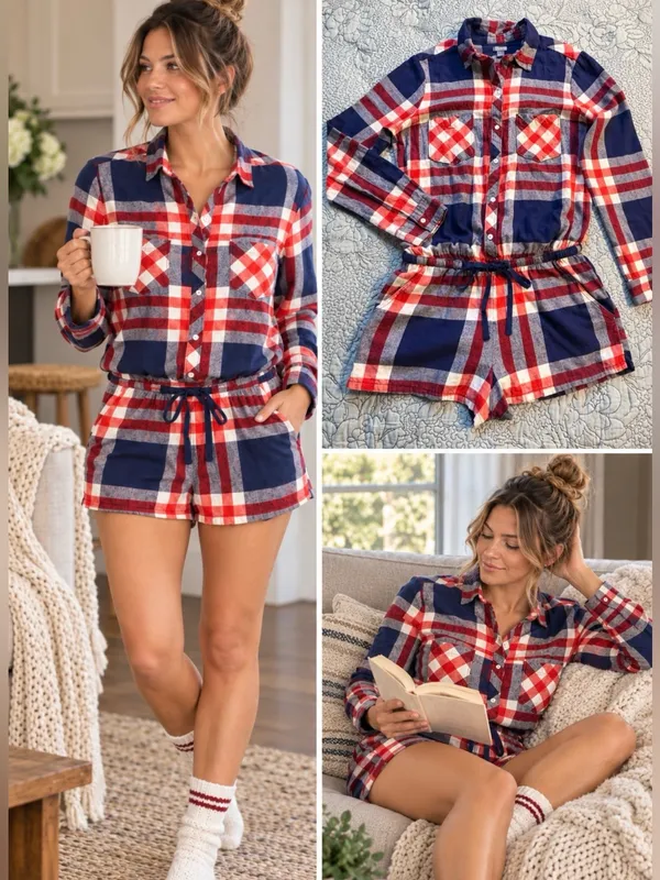 💥Aerie Plaid Flannel Pajama Romper Button Front Drawstring Red Navy Sz M💛 - Image 2