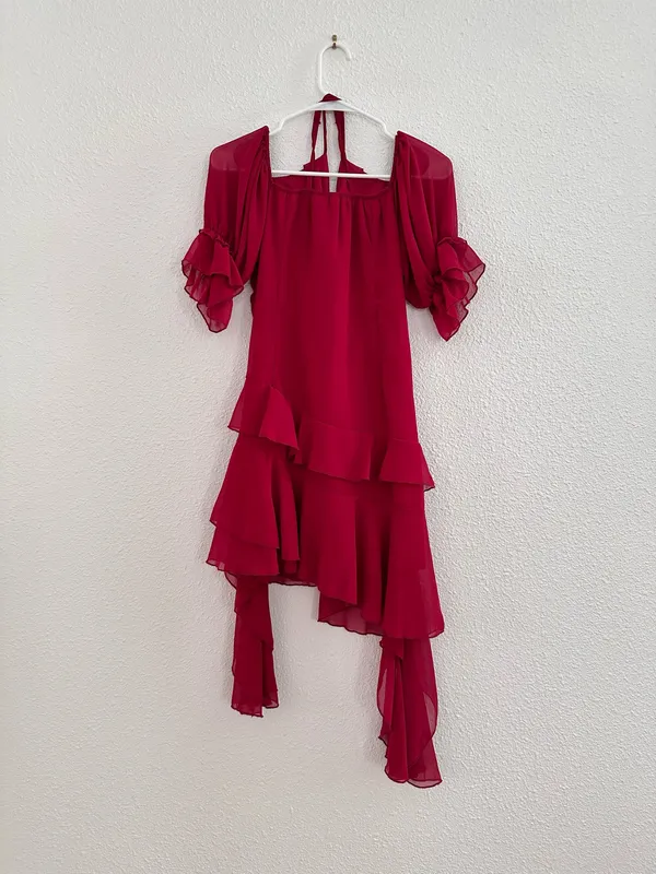 red ruffled ruched flowy salsa emoji asymmetrical dress - Image 2