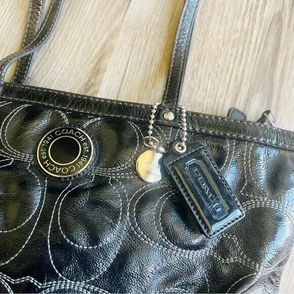 Coach Signature Stitch C Black Patent Leather Tote Bag, F19198 - Image 2