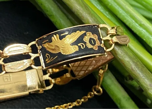 Vintage Damascene Gold-tone Enameled Birds & Flowers Link 8” Bracelet 16.3g - Image 14