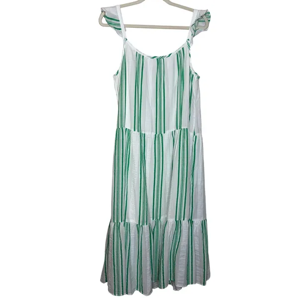 PJ Salvage Green Stripe Cotton Tiered Midi Dress Ruffle Strap Summer Size L - Image 10