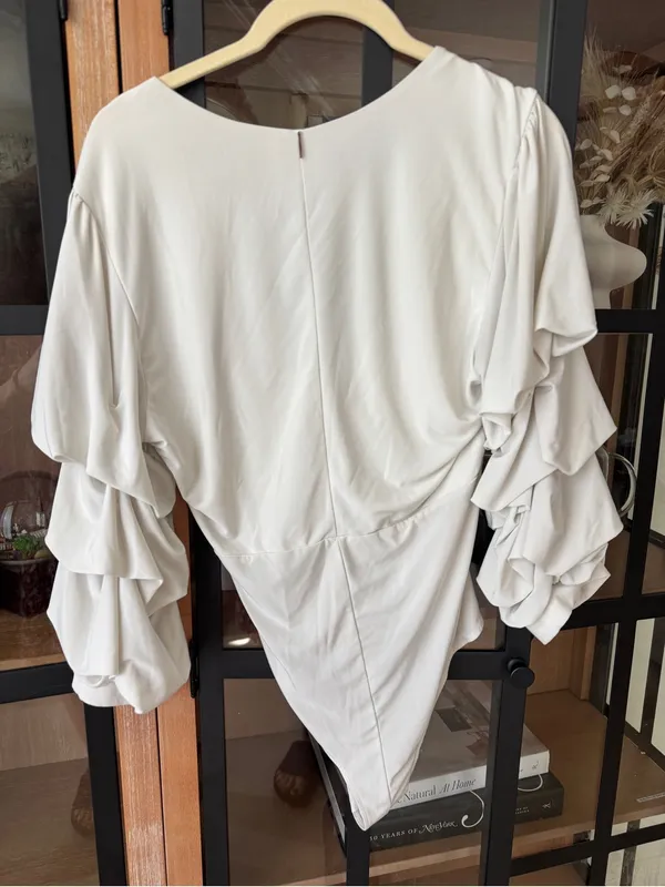 Misa Los Angeles Leona Bodysuit tiered long sleeve ruffle White vneck seamless - Image 4