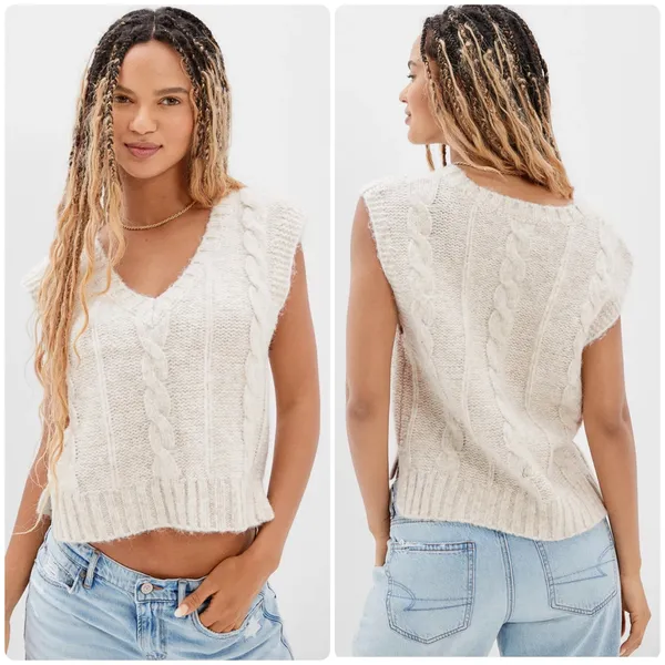 American Eagle Womens Wool Blend Fisherman Cable Knit Sweater‎ Vest Size S Beige - Image 2