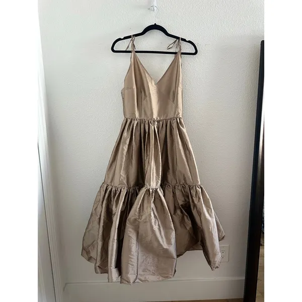 Anthropologie Bloni Tiered V-Neck Maxi Dress Bronze Metallic Size Medium Petite - Image 2