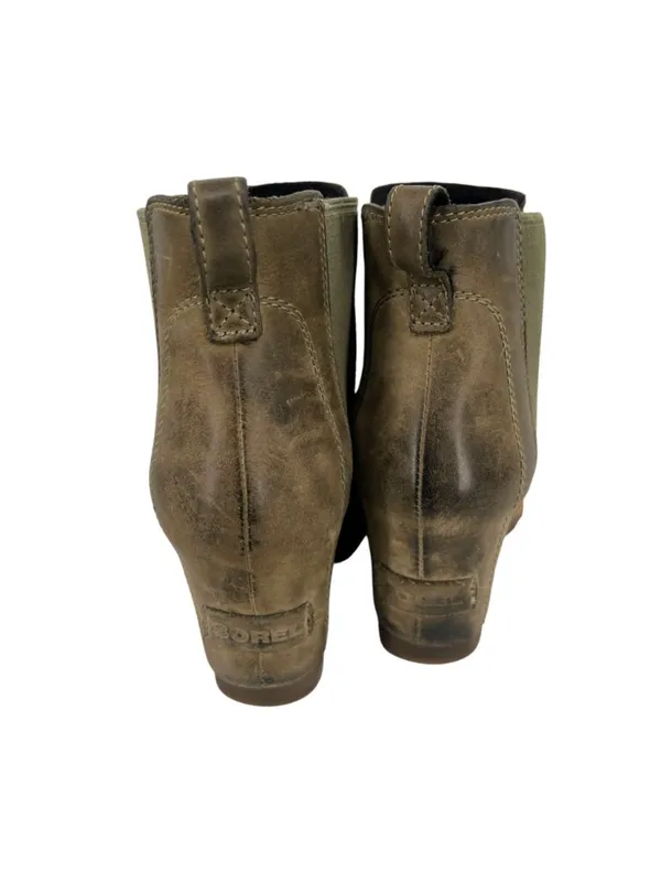 Sorel Lea Wedge Size 7 Olive Green Leather Distressed Ankle Boots Rugged Boho - Image 5