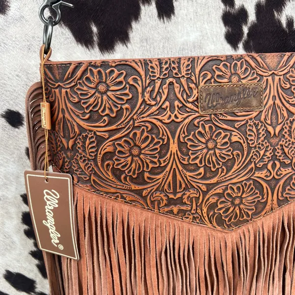 Wrangler Tooled Leather Cross Body Brown Fringe LARGE NWT floral western purse - Image 4