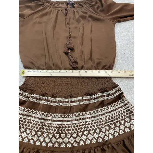 Shyanne Brown Western Embroidered Smocked Mini Dress Long Sleeve Tassels Size M - Image 13