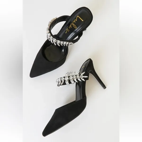Lulus Black Tito Black Suede Rhinestone Pointed-Toe Mules - Image 3